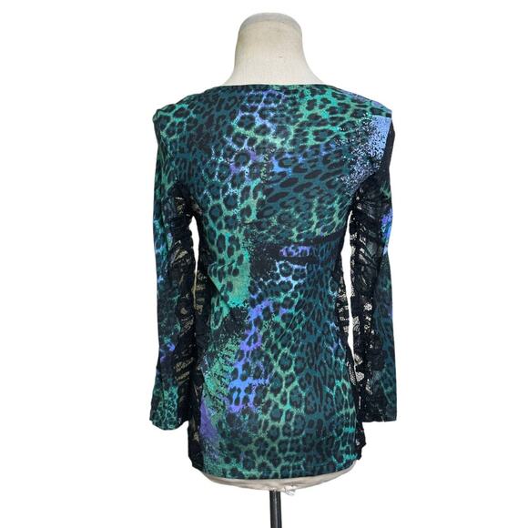 Emilio Pucci Green Purple Animal Print Lace Detail 3/4 Sleeve Top Sz US 6 - Picture 2 of 16